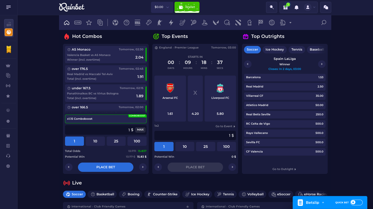 Crypto sportsbook interface, shown for illustrative context