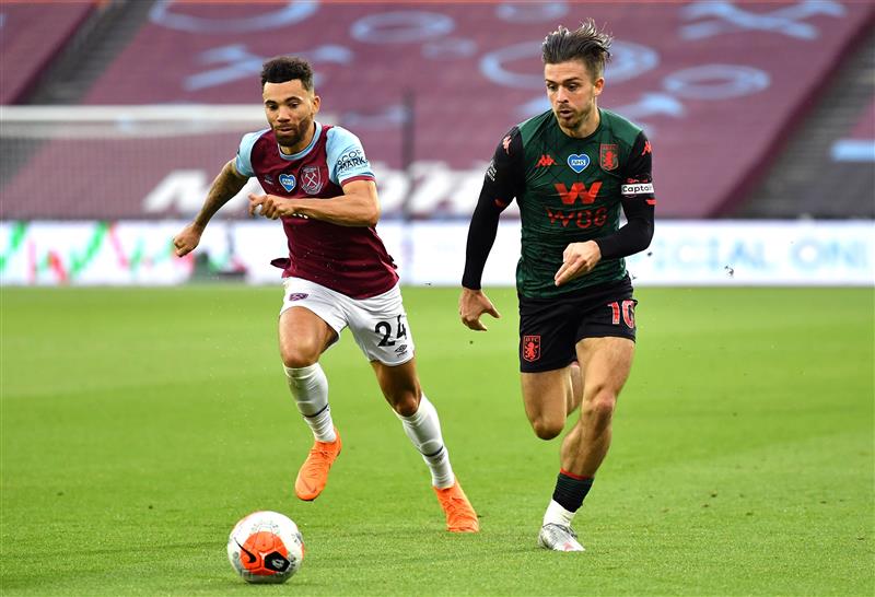 LONDON, ENGLAND - JULY 26: Ryan Fredericks of West Ham United and Jack Grealish of Aston Villa during the Premier League match between West Ham United and Aston Villa at London Stadium on July 26, 2020 in London, England. (Photo by Justin Setterfield/Getty Images)