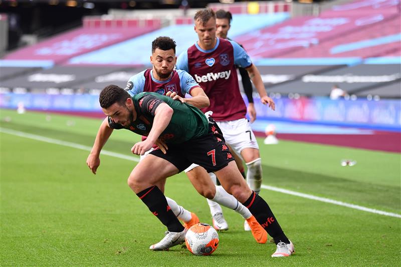 LONDON, ENGLAND - JULY 26: John McGinn of Aston Villa and Ryan Fredericks of West Ham United during the Premier League match between West Ham United and Aston Villa at London Stadium on July 26, 2020 in London, England. (Photo by Justin Setterfield/Getty Images)