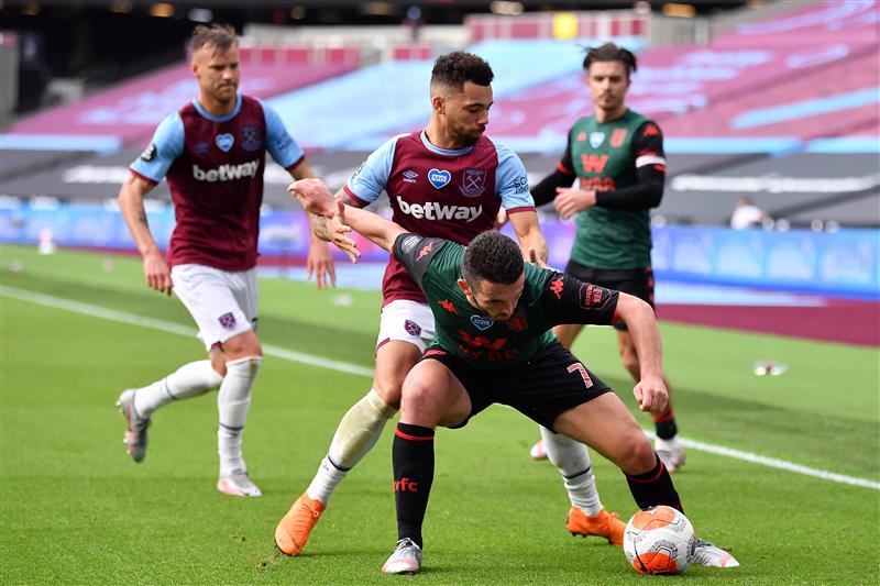LONDON, ENGLAND - JULY 26: John McGinn of Aston Villa and Ryan Fredericks of West Ham United during the Premier League match between West Ham United and Aston Villa at London Stadium on July 26, 2020 in London, England. (Photo by Justin Setterfield/Getty Images)