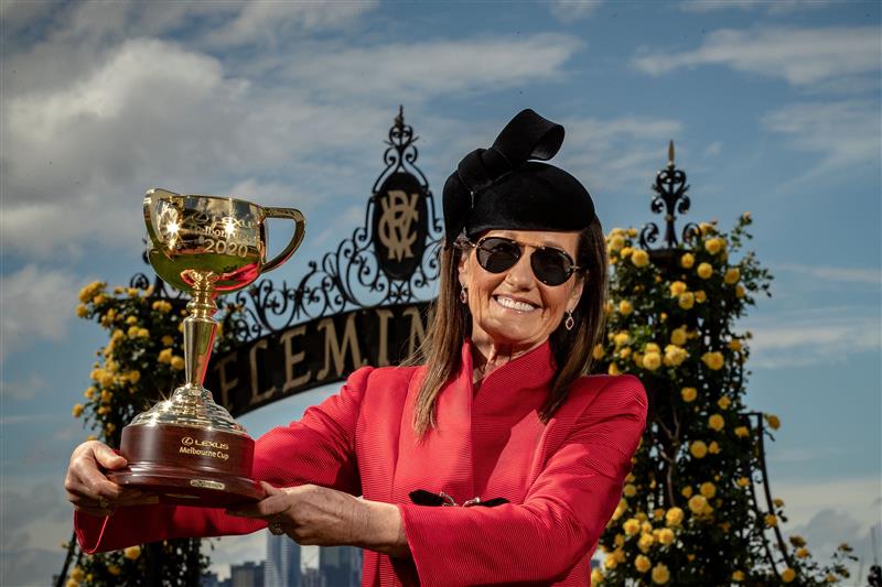 MELBOURNE, AUSTRALIA - OCTOBER 27: Victoria Racing Club (VRC) Chairman Amanda Elliott poses with the Melbourne cup during the Melbourne Cup Carnival launch at Flemington Racecourse on October 27, 2020 in Melbourne, Australia. (Photo by Darrian Traynor/Getty Images)