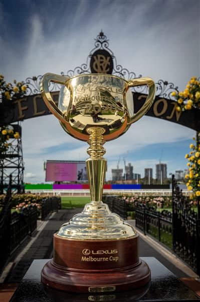 MELBOURNE, AUSTRALIA - OCTOBER 27: The Melbourne Cup trophy is seen during the Melbourne Cup Carnival launch at Flemington Racecourse on October 27, 2020 in Melbourne, Australia. (Photo by Darrian Traynor/Getty Images)
