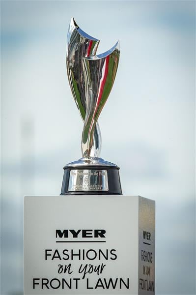 MELBOURNE, AUSTRALIA - OCTOBER 27: The trophy for the Myer Fashions on your Front Lawn is seen during the Melbourne Cup Carnival launch at Flemington Racecourse on October 27, 2020 in Melbourne, Australia. (Photo by Darrian Traynor/Getty Images)