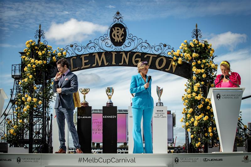 MELBOURNE, AUSTRALIA - OCTOBER 27: Myer Fashions on your Front Lawn ambassadors Rob Mills and Olivia Molly Rogers 
attend the Melbourne Cup Carnival launch at Flemington Racecourse on October 27, 2020 in Melbourne, Australia. (Photo by Darrian Traynor/Getty Images)