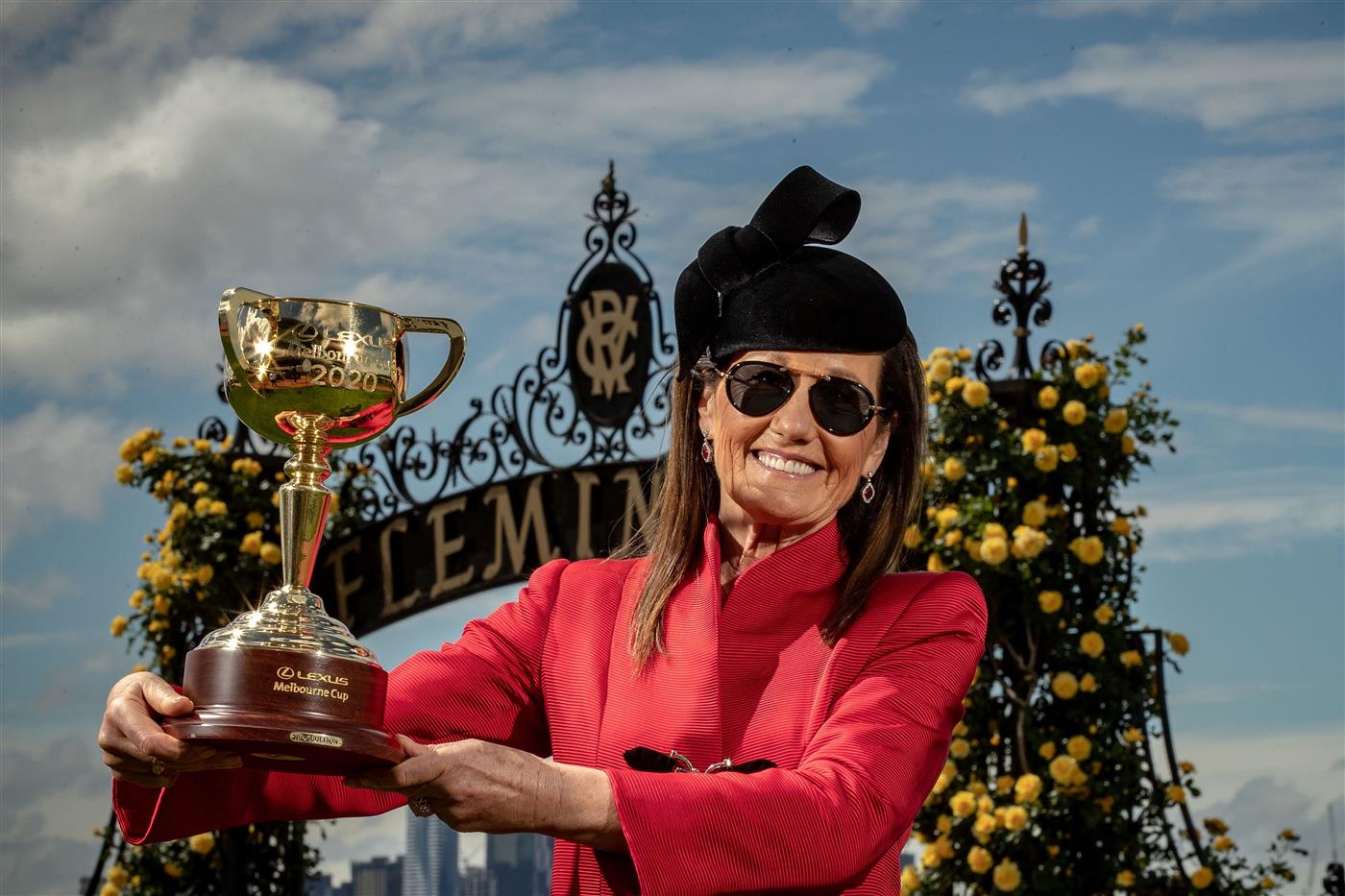 MELBOURNE, AUSTRALIA - OCTOBER 27: Victoria Racing Club (VRC) Chairman Amanda Elliott poses with the Melbourne cup during the Melbourne Cup Carnival launch at Flemington Racecourse on October 27, 2020 in Melbourne, Australia. (Photo by Darrian Traynor/Getty Images)
