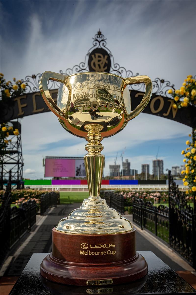 MELBOURNE, AUSTRALIA - OCTOBER 27: The Melbourne Cup trophy is seen during the Melbourne Cup Carnival launch at Flemington Racecourse on October 27, 2020 in Melbourne, Australia. (Photo by Darrian Traynor/Getty Images)