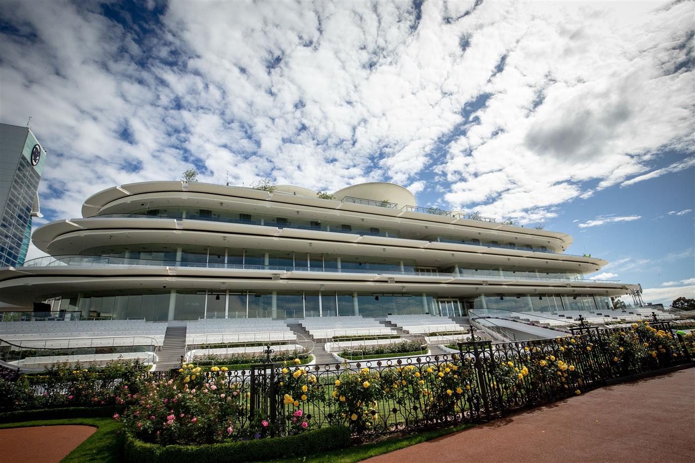 MELBOURNE, AUSTRALIA - OCTOBER 27: A general view of the members stand during the Melbourne Cup Carnival launch at Flemington Racecourse on October 27, 2020 in Melbourne, Australia. (Photo by Darrian Traynor/Getty Images)
