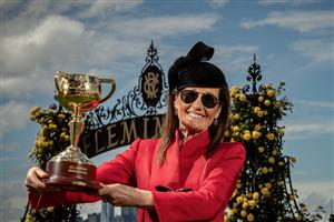MELBOURNE, AUSTRALIA - OCTOBER 27: Victoria Racing Club (VRC) Chairman Amanda Elliott poses with the Melbourne cup during the Melbourne Cup Carnival launch at Flemington Racecourse on October 27, 2020 in Melbourne, Australia. (Photo by Darrian Traynor/Getty Images)