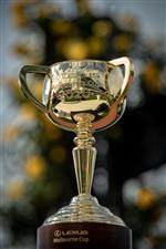 MELBOURNE, AUSTRALIA - OCTOBER 27: The Melbourne Cup trophy is seen during the Melbourne Cup Carnival launch at Flemington Racecourse on October 27, 2020 in Melbourne, Australia. (Photo by Darrian Traynor/Getty Images)