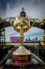 MELBOURNE, AUSTRALIA - OCTOBER 27: The Melbourne Cup trophy is seen during the Melbourne Cup Carnival launch at Flemington Racecourse on October 27, 2020 in Melbourne, Australia. (Photo by Darrian Traynor/Getty Images)