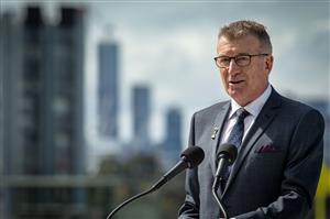 MELBOURNE, AUSTRALIA - OCTOBER 27: Network 10’s Stephen Quartermain speaks the Melbourne Cup Carnival launch at Flemington Racecourse on October 27, 2020 in Melbourne, Australia. (Photo by Darrian Traynor/Getty Images)