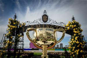 MELBOURNE, AUSTRALIA - OCTOBER 27: The Melbourne Cup trophy is seen during the Melbourne Cup Carnival launch at Flemington Racecourse on October 27, 2020 in Melbourne, Australia. (Photo by Darrian Traynor/Getty Images)