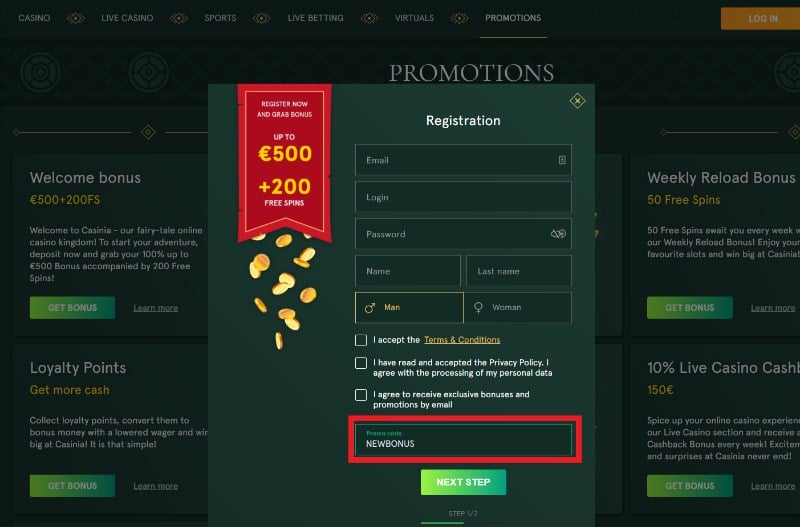 Casinia Promo Code is NEWBONUS: Claim the best bonus today