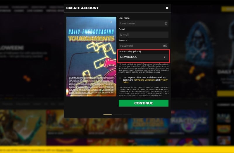 The Energy Casino Promo Code is NEWBONUS Join Daily Cash Tournaments