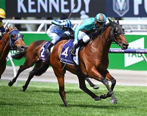 MELBOURNE, AUSTRALIA - NOVEMBER 05: Jockey Daniel Stackhouse rides Irish Flame to win Race 4, the Twitter Trophy, Race 3, the G.h. Mumm Century Stakes, during 2020 Kennedy Oaks Day at Flemington Racecourse on November 05, 2020 in Melbourne, Australia. (Photo by Vince Caligiuri/Getty Images for the VRC)