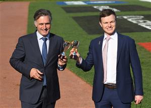 MELBOURNE, AUSTRALIA - NOVEMBER 05: Trainers Tom Dabernig and Ben Hayes pose with trophies after Personal won Race 8, the Kennedy Oaks, during 2020 Kennedy Oaks Day at Flemington Racecourse on November 05, 2020 in Melbourne, Australia. (Photo by Vince Caligiuri/Getty Images for the VRC)