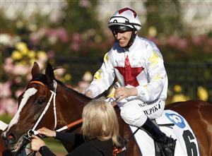 MELBOURNE, AUSTRALIA - NOVEMBER 05: William Pike on board Written Beauty returns to scale after winning race 9 the Network 10 Red Roses Stakes during 2020 Kennedy Oaks Day at Flemington Racecourse on November 05, 2020 in Melbourne, Australia. (Photo by Darrian Traynor/Getty Images for the VRC)