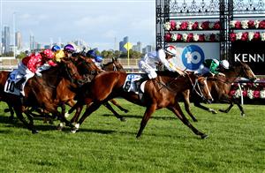 MELBOURNE, AUSTRALIA - NOVEMBER 05: William Pike riding #6 Written Beauty wins race nine the Network 10 Red Roses Stakes during 2020 Kennedy Oaks Day at Flemington Racecourse on November 05, 2020 in Melbourne, Australia. (Photo by Robert Cianflone/Getty Images for the VRC)