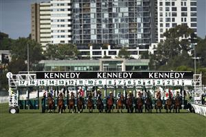 MELBOURNE, AUSTRALIA - NOVEMBER 05: The field jump the barrier for race eight the Kennedy Oaks during 2020 Kennedy Oaks Day at Flemington Racecourse on November 05, 2020 in Melbourne, Australia. (Photo by Daniel Pockett/Getty Images for the VRC)