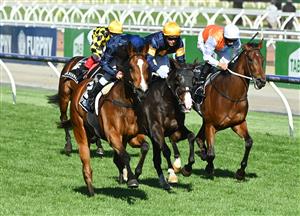 MELBOURNE, AUSTRALIA - NOVEMBER 05: Jockey Damien Oliver riding Personal to win Race 8, the Kennedy Oaks, during 2020 Kennedy Oaks Day at Flemington Racecourse on November 05, 2020 in Melbourne, Australia. (Photo by Vince Caligiuri/Getty Images for the VRC)