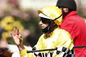 MELBOURNE, AUSTRALIA - NOVEMBER 05: Hugh Bowman on board Rocha Clock returns to scale after winning race 6 Inglis Bracelet during 2020 Kennedy Oaks Day at Flemington Racecourse on November 05, 2020 in Melbourne, Australia. (Photo by Darrian Traynor/Getty Images for the VRC)