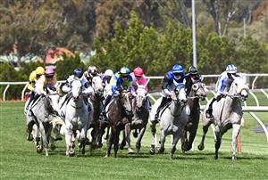 MELBOURNE, AUSTRALIA - NOVEMBER 05: Jockey Hugh Bowman riding Berdibek (yellow far left, hidden) before winning race 5, the Off The Track Subzero Handicap, during 2020 Kennedy Oaks Day at Flemington Racecourse on November 05, 2020 in Melbourne, Australia. (Photo by Vince Caligiuri/Getty Images for the VRC)