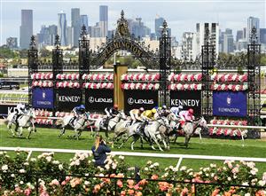 MELBOURNE, AUSTRALIA - NOVEMBER 05: Hugh Bowman riding #2 Berdibek wins race five the Off The Track Subzero Handicap during 2020 Kennedy Oaks Day at Flemington Racecourse on November 05, 2020 in Melbourne, Australia. (Photo by Quinn Rooney/Getty Images for the VRC)