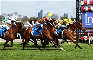 MELBOURNE, AUSTRALIA - NOVEMBER 05: Hugh Bowman riding #5 Rocha Clock wins race six the Inglis Bracelet from Kerrin McEvoy riding #7 Re Edit and Damien Oliver riding #11 Game of Thorns during 2020 Kennedy Oaks Day at Flemington Racecourse on November 05, 2020 in Melbourne, Australia. (Photo by Robert Cianflone/Getty Images for the VRC)