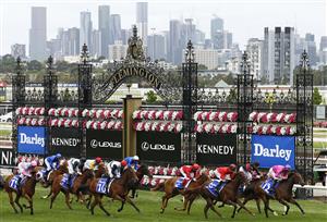 MELBOURNE, AUSTRALIA - NOVEMBER 05: Jordan Childs riding #9 Dosh (3R) wins race two the Darley Ottawa Stakes during 2020 Kennedy Oaks Day at Flemington Racecourse on November 05, 2020 in Melbourne, Australia. (Photo by Daniel Pockett/Getty Images for the VRC)