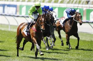 MELBOURNE, AUSTRALIA - NOVEMBER 05: Kerrin McEvoy riding #7 Tralee Rose (L) wins race one the Tcl Tv Stakes during 2020 Kennedy Oaks Day at Flemington Racecourse on November 05, 2020 in Melbourne, Australia. (Photo by Daniel Pockett/Getty Images for the VRC)