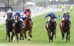 MELBOURNE, AUSTRALIA - NOVEMBER 05: Jockey Michael Poy riding Ancestry (L) to win Race 3, the G.h. Mumm Century Stakes, during 2020 Kennedy Oaks Day at Flemington Racecourse on November 05, 2020 in Melbourne, Australia. (Photo by Vince Caligiuri/Getty Images for the VRC)