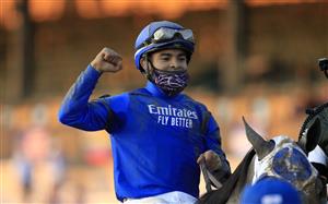 LEXINGTON, KENTUCKY - NOVEMBER 06: Luis Saez celebrates after riding Essential Quality to victory in the Breeder's Cup Juvenile during the 2020 Breeder's Cup at Keeneland on November 06, 2020 in Lexington, Kentucky. (Photo by Andy Lyons/Getty Images)