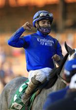 LEXINGTON, KENTUCKY - NOVEMBER 06: Luis Saez celebrates after riding Essential Quality to victory in the Breeder's Cup Juvenile during the 2020 Breeder's Cup at Keeneland on November 06, 2020 in Lexington, Kentucky. (Photo by Andy Lyons/Getty Images)