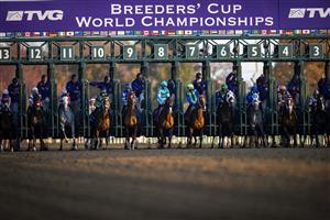 LEXINGTON, KY - NOVEMBER 07: Horses leave the starting gate at the beginning of the Breeders Cup Juvenile at Keenland on November 6, 2020 in Lexington, Kentucky. (Photo by Bobby Ellis/Getty Images)