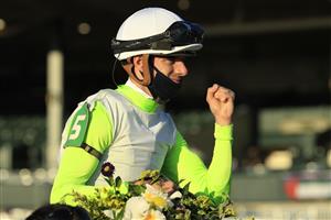 LEXINGTON, KENTUCKY - NOVEMBER 06: Florent Geroux the jockey of Aunt Pearl celebrates after winning the Juvenile Fillies Turf during the 2020 Breeders Cup at Keeneland on November 06, 2020 in Lexington, Kentucky. (Photo by Andy Lyons/Getty Images)
