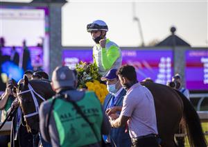 LEXINGTON, KY - NOVEMBER 07: Florent Giroux celebrates after winning the Juvenile Fillies Turf race while riding Aunt Pearl during the Breeders Cup at Keenland on November 6, 2020 in Lexington, Kentucky. (Photo by Bobby Ellis/Getty Images)