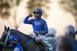 LEXINGTON, KY - NOVEMBER 07: Louis Saez, riding Essential Quality, celebrates after winning the Breeders Cup Juvenile at Keenland on November 6, 2020 in Lexington, Kentucky. (Photo by Bobby Ellis/Getty Images)