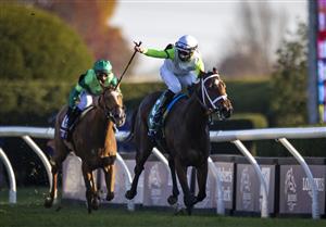 LEXINGTON, KY - NOVEMBER 07: Florent Giroux celebrates after winning the Juvenile Fillies Turf race while riding Aunt Pearl during the Breeders Cup at Keenland on November 6, 2020 in Lexington, Kentucky. (Photo by Bobby Ellis/Getty Images)