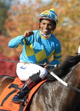 LEXINGTON, KENTUCKY - NOVEMBER 06: Ricardo Santana Jr aboard Fire At Will celebrates after victory in the Juvenile Turf during the 2020 Breeders Cup at Keeneland on November 06, 2020 in Lexington, Kentucky. (Photo by Andy Lyons/Getty Images)