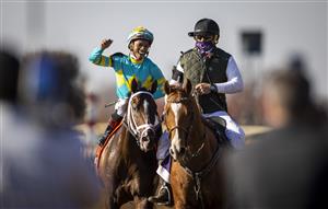 LEXINGTON, KY - NOVEMBER 07: Ricardo Santana, Jr., riding Fire at Will, celebrates after winning the Juvenile Turf on the first day of the Breeders Cup at Keenland on November 6, 2020 in Lexington, Kentucky. (Photo by Bobby Ellis/Getty Images)