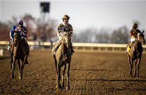 LEXINGTON, KY - NOVEMBER 07: Horses and jockeys make their way back to the paddock after the Juvenile Fillies race during the first day of the Breeders Cup at Keenland on November 6, 2020 in Lexington, Kentucky. (Photo by Bobby Ellis/Getty Images)