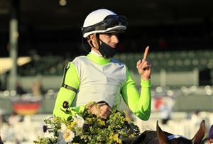LEXINGTON, KENTUCKY - NOVEMBER 06: Florent Geroux the jockey of Aunt Pearl celebrates after winning the Juvenile Fillies Turf during the 2020 Breeders Cup at Keeneland on November 06, 2020 in Lexington, Kentucky. (Photo by Andy Lyons/Getty Images)