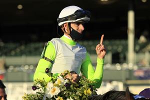 LEXINGTON, KENTUCKY - NOVEMBER 06: Florent Geroux the jockey of Aunt Pearl celebrates after winning the Juvenile Fillies Turf during the 2020 Breeders Cup at Keeneland on November 06, 2020 in Lexington, Kentucky. (Photo by Andy Lyons/Getty Images)