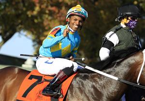 LEXINGTON, KENTUCKY - NOVEMBER 06: Ricardo Santana Jr aboard Fire At Will celebrates after victory in the Juvenile Turf during the 2020 Breeders Cup at Keeneland on November 06, 2020 in Lexington, Kentucky. (Photo by Andy Lyons/Getty Images)