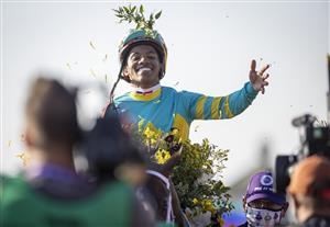 LEXINGTON, KY - NOVEMBER 07: Ricardo Santana, Jr., riding Fire at Will, celebrates after winning the Juvenile Turf on the first day of the Breeders Cup at Keenland on November 6, 2020 in Lexington, Kentucky. (Photo by Bobby Ellis/Getty Images)