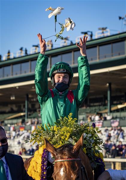 LEXINGTON, KY - NOVEMBER 07: Christophe Soumillon celebrates after winning the Breeders Cup Turf on Tarnawa at Keenland on November 7, 2020 in Lexington, Kentucky. (Photo by Bobby Ellis/Getty Images)