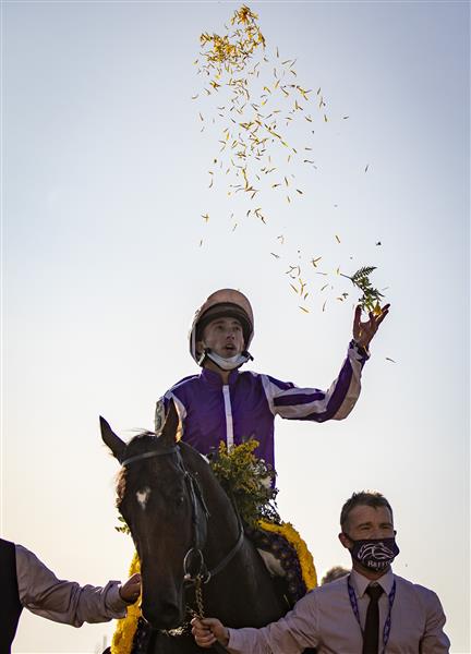 LEXINGTON, KY - NOVEMBER 07: Christophe Soumillon, riding Order of Australia, celebrates after winning the Breeders Cup Mile at Keenland on November 6, 2020 in Lexington, Kentucky. (Photo by Bobby Ellis/Getty Images)