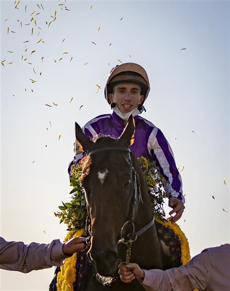 LEXINGTON, KY - NOVEMBER 07: Christophe Soumillon, riding Order of Australia, celebrates after winning the Breeders Cup Mile at Keenland on November 6, 2020 in Lexington, Kentucky. (Photo by Bobby Ellis/Getty Images)