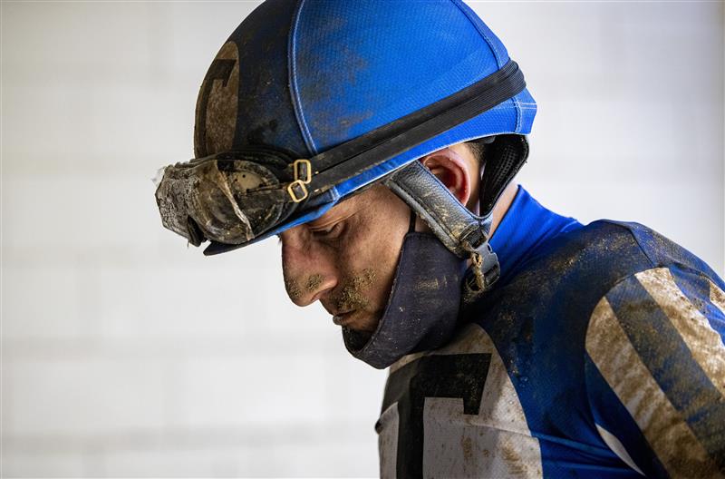 LEXINGTON, KY - NOVEMBER 07: Gabriel Saez walks off the track after the Breeders Cup Dirt Mile at Keenland on November 6, 2020 in Lexington, Kentucky. (Photo by Bobby Ellis/Getty Images)