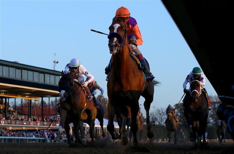 LEXINGTON, KENTUCKY - NOVEMBER 07:   Authentic with John Velazquez aboard runs to victory in the Breeders' Cup Classic during 2020 Breeders' Cup at Keeneland on November 07, 2020 in Lexington, Kentucky. (Photo by Andy Lyons/Getty Images)